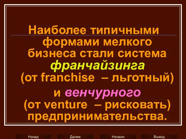 Наиболее типичными формами мелкого бизнеса стали система франчайзинга (от franchise –