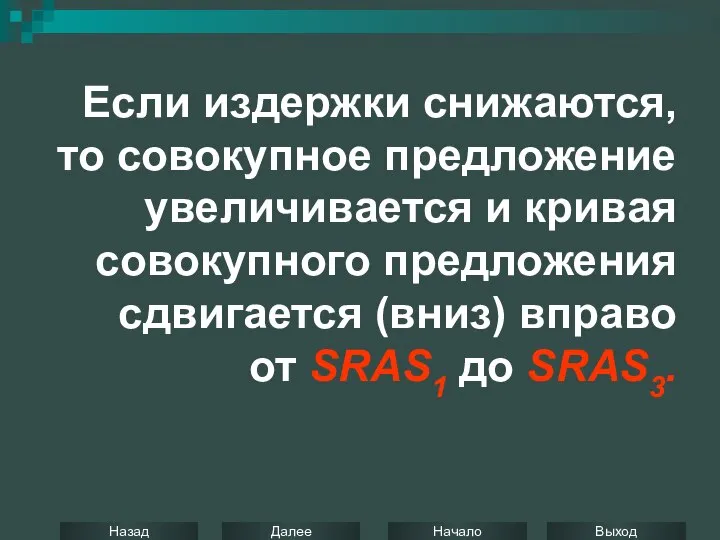 Если издержки снижаются, то совокупное предложение увеличивается и кривая совокупного предложения