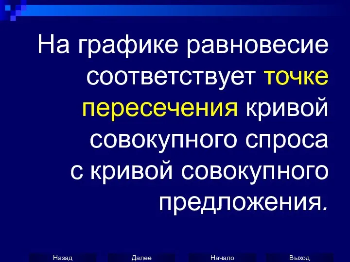 На графике равновесие соответствует точке пересечения кривой совокупного спроса с кривой совокупного предложения.