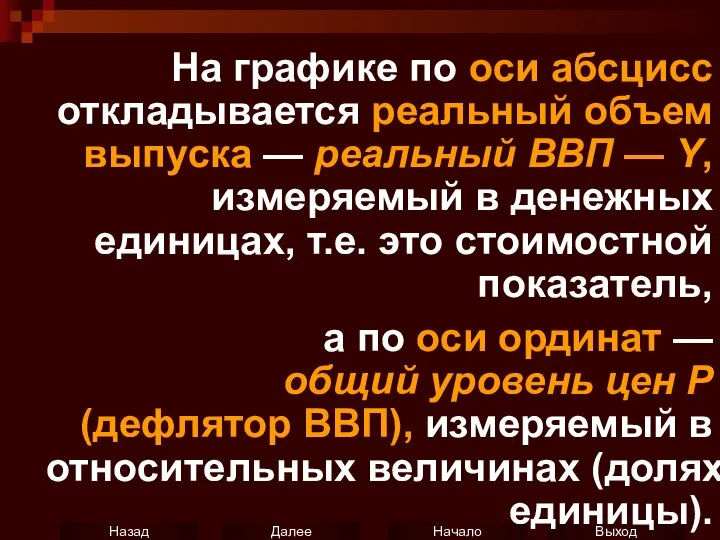 На графике по оси абсцисс откладывается реальный объем выпуска — реальный