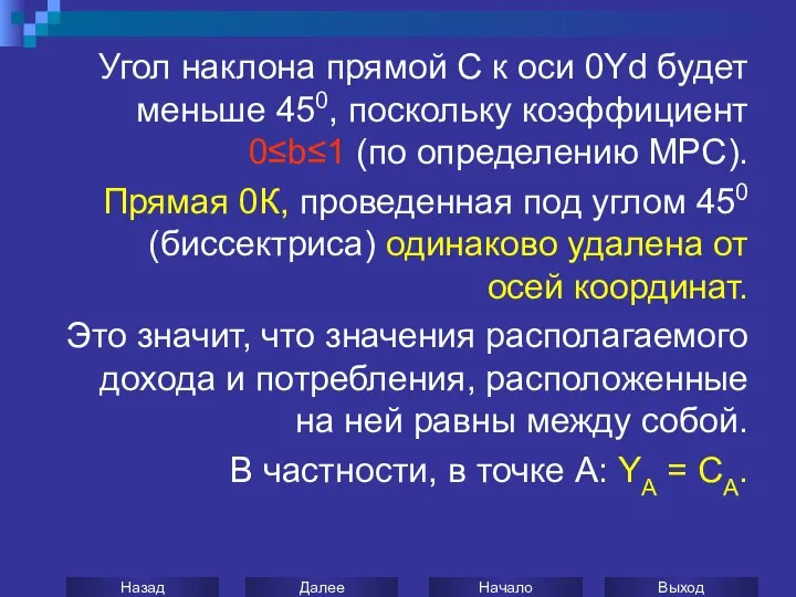 Угол наклона прямой С к оси 0Yd будет меньше 450, поскольку