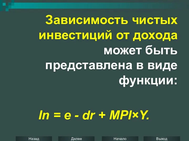 Зависимость чистых инвестиций от дохода может быть представлена в виде функции: