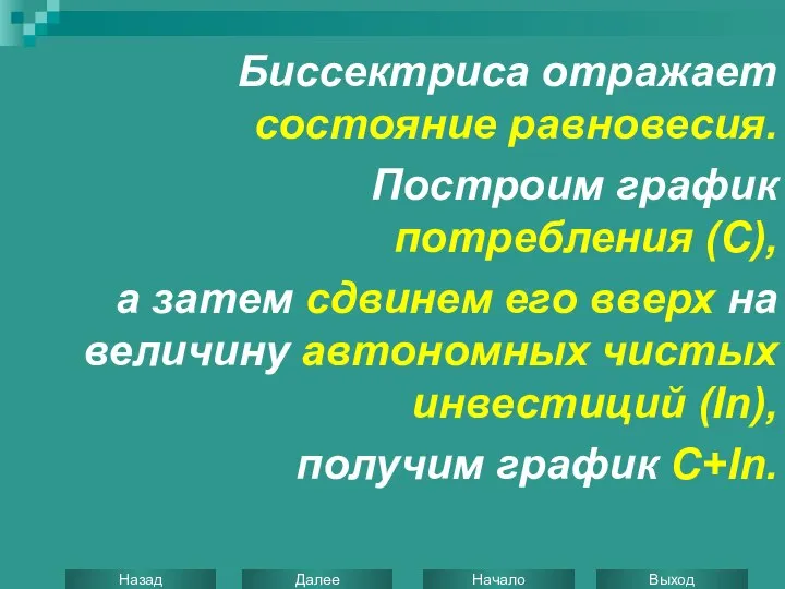 Биссектриса отражает состояние равновесия. Построим график потребления (C), а затем сдвинем