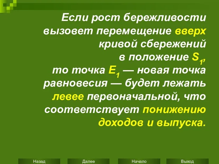 Если рост бережливости вызовет перемещение вверх кривой сбережений в положение S1,