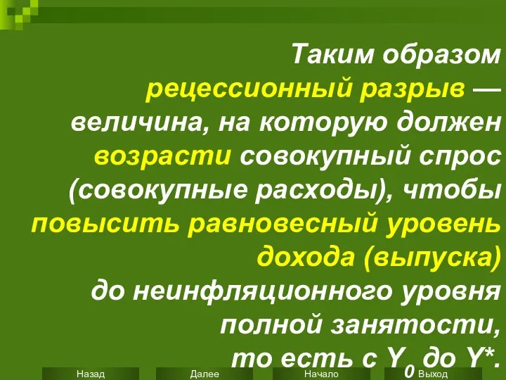 Таким образом рецессионный разрыв — величина, на которую должен возрасти совокупный