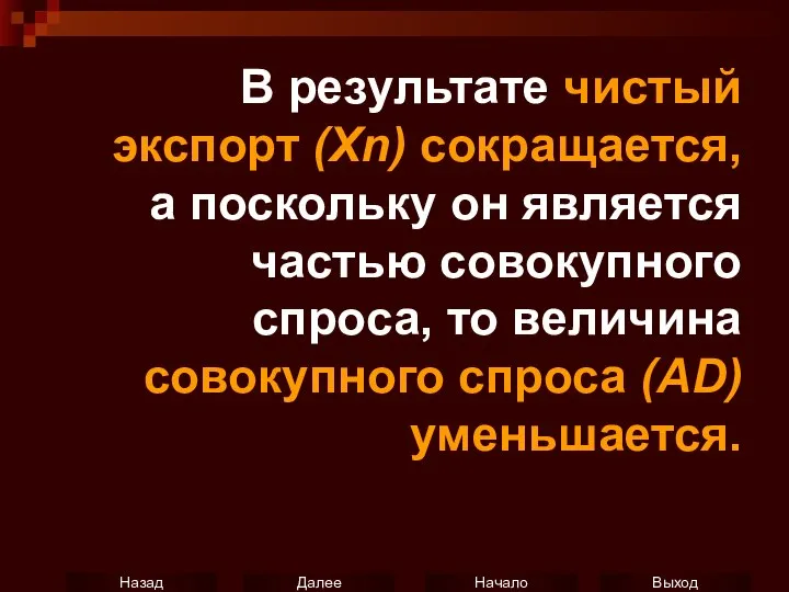 В результате чистый экспорт (Xn) сокращается, а поскольку он является частью