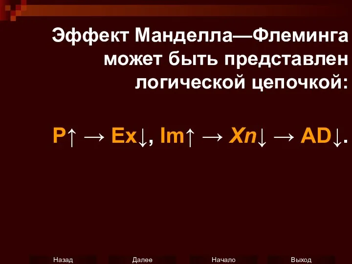 Эффект Манделла—Флеминга может быть представлен логической цепочкой: P↑ → Ex↓, Im↑ → Xn↓ → AD↓.