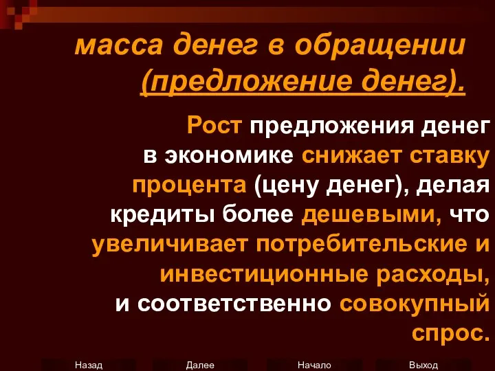 масса денег в обращении (предложение денег). Рост предложения денег в экономике