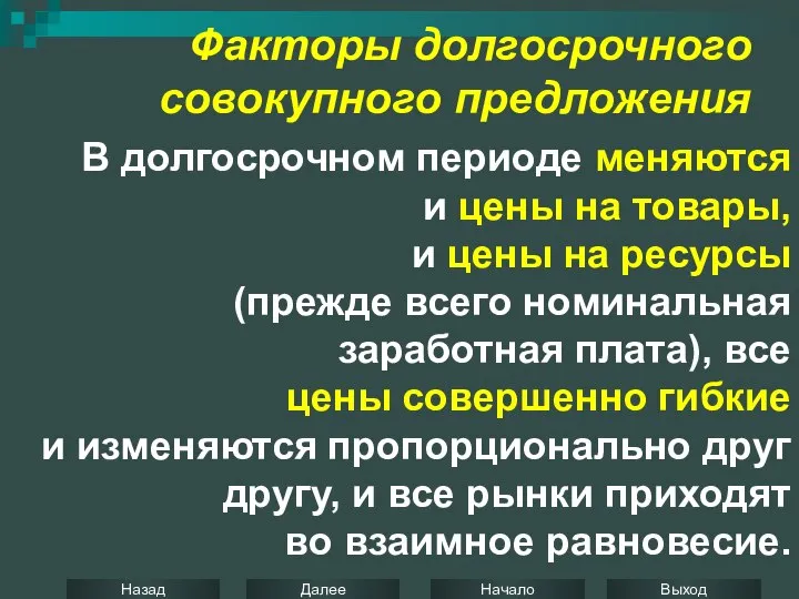 Факторы долгосрочного совокупного предложения В долгосрочном периоде меняются и цены на