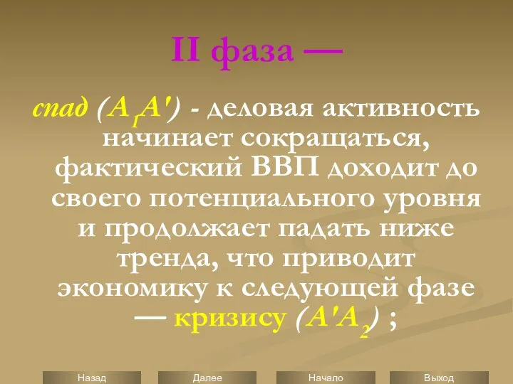 II фаза — спад (А1А′) - деловая активность начинает сокращаться, фактический