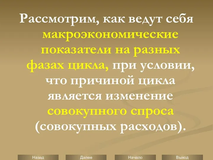 Рассмотрим, как ведут себя макроэкономические показатели на разных фазах цикла, при