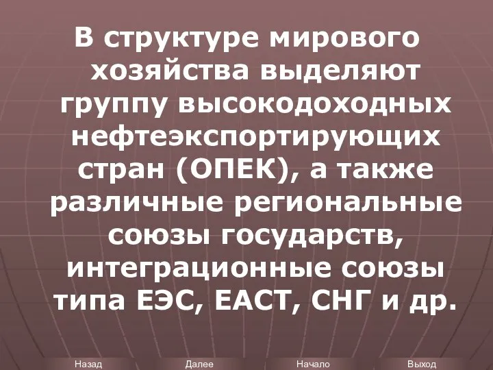 В структуре мирового хозяйства выделяют группу высокодоходных нефтеэкспортирующих стран (ОПЕК), а