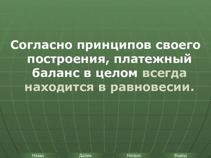 Согласно принципов своего построения, платежный баланс в целом всегда находится в равновесии.