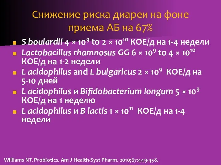 Снижение риска диареи на фоне приема АБ на 67% S boulardii