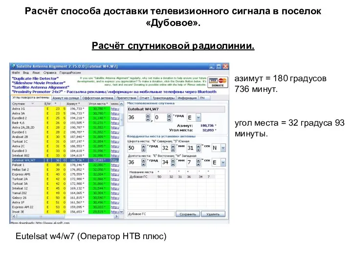 Расчёт способа доставки телевизионного сигнала в поселок «Дубовое». Расчёт спутниковой радиолинии.