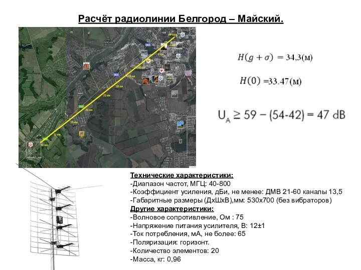 Расчёт радиолинии Белгород – Майский. Технические характеристики: -Диапазон частот, МГЦ: 40-800