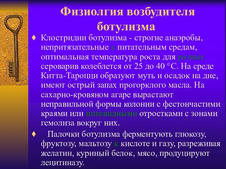 Физиолгия возбудителя ботулизма Клостридии ботулизма - строгие анаэробы, непритязательные к питательным