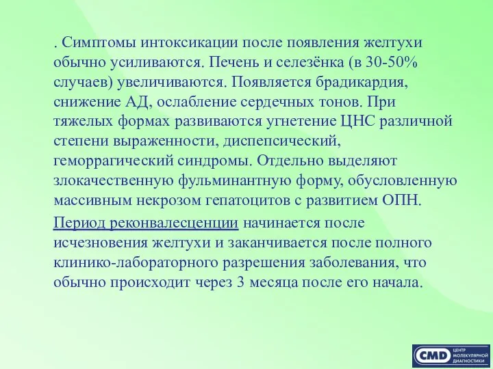 . Симптомы интоксикации после появления желтухи обычно усиливаются. Печень и селезёнка