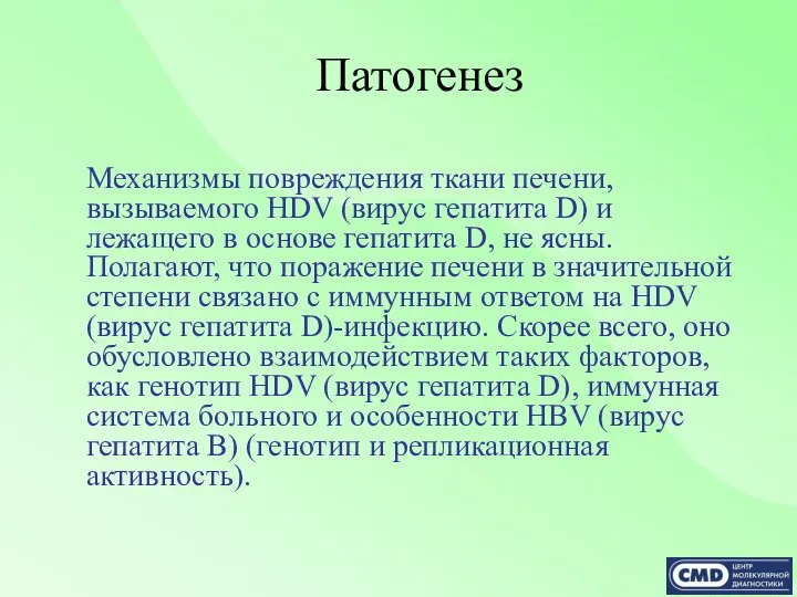 Патогенез Механизмы повреждения ткани печени, вызываемого HDV (вирус гепатита D) и