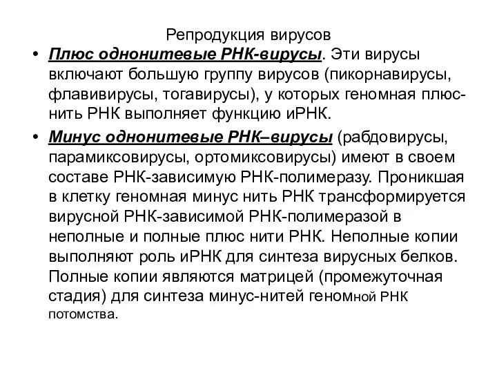 Репродукция вирусов Плюс однонитевые РНК-вирусы. Эти вирусы включают большую группу вирусов