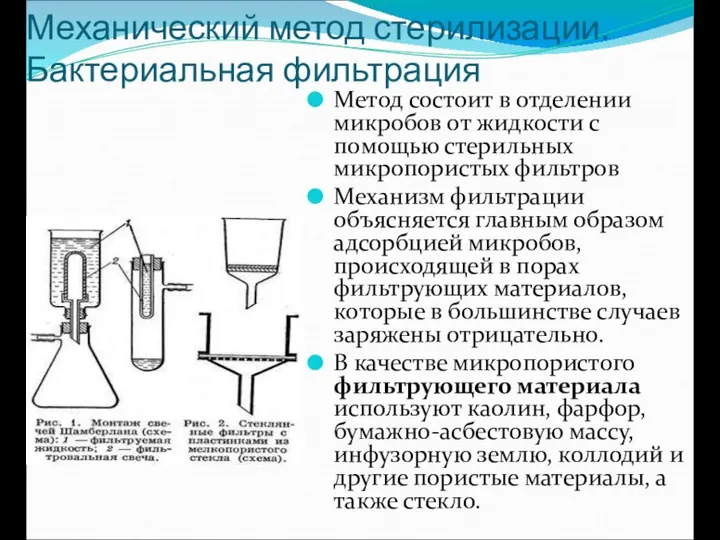 Механический метод стерилизации. Бактериальная фильтрация Метод состоит в отделении микробов от