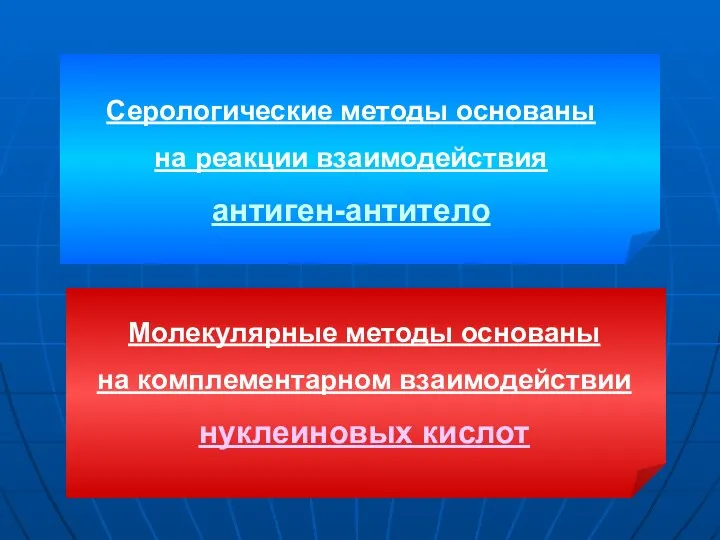 Серологические методы основаны на реакции взаимодействия антиген-антитело Молекулярные методы основаны на комплементарном взаимодействии нуклеиновых кислот