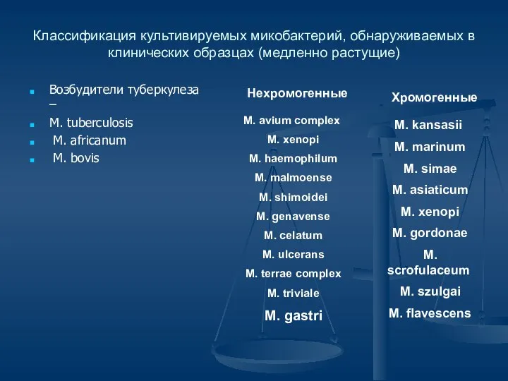 Классификация культивируемых микобактерий, обнаруживаемых в клинических образцах (медленно растущие) Возбудители туберкулеза