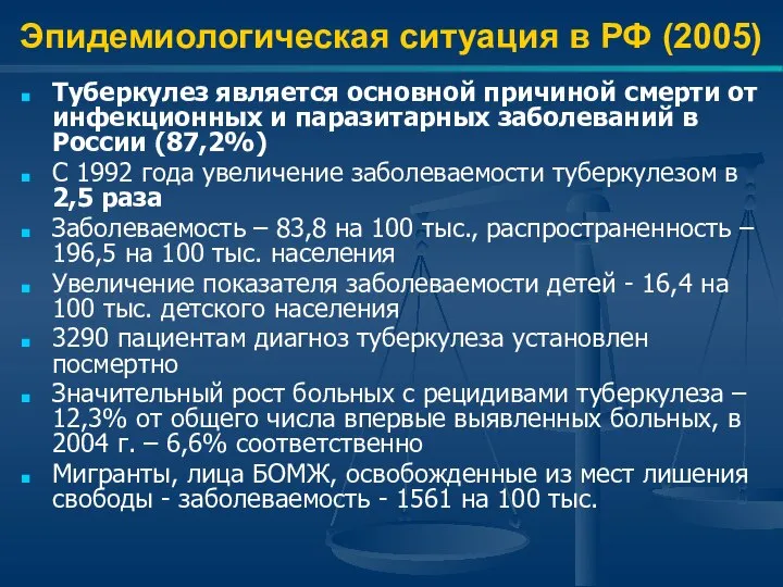 Эпидемиологическая ситуация в РФ (2005) Туберкулез является основной причиной смерти от