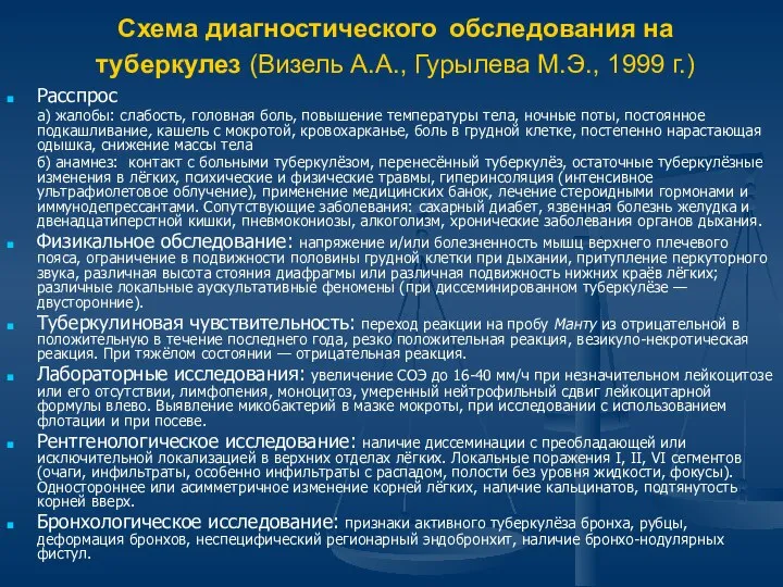 Схема диагностического обследования на туберкулез (Визель А.А., Гурылева М.Э., 1999 г.)