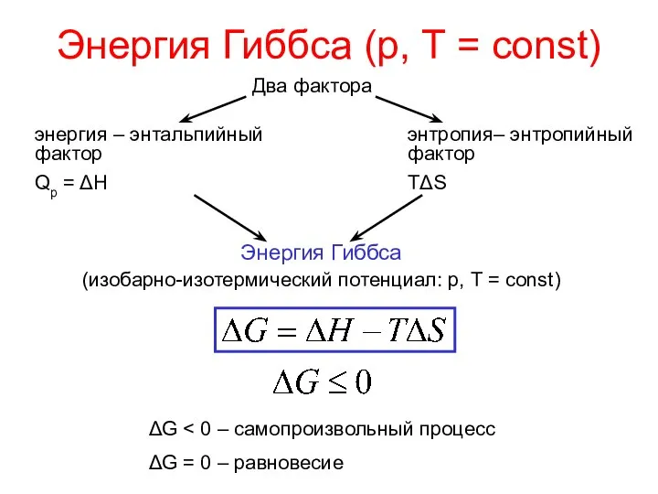 Энергия Гиббса (р, Т = const) Два фактора энергия – энтальпийный