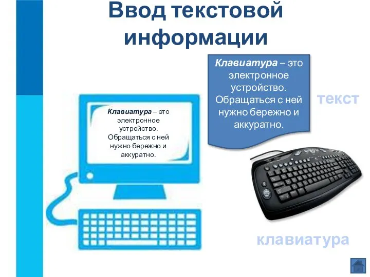 Ввод текстовой информации текст клавиатура Клавиатура – это электронное устройство. Обращаться