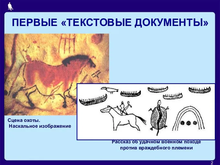 ПЕРВЫЕ «ТЕКСТОВЫЕ ДОКУМЕНТЫ» Сцена охоты. Наскальное изображение Рассказ об удачном военном походе против враждебного племени