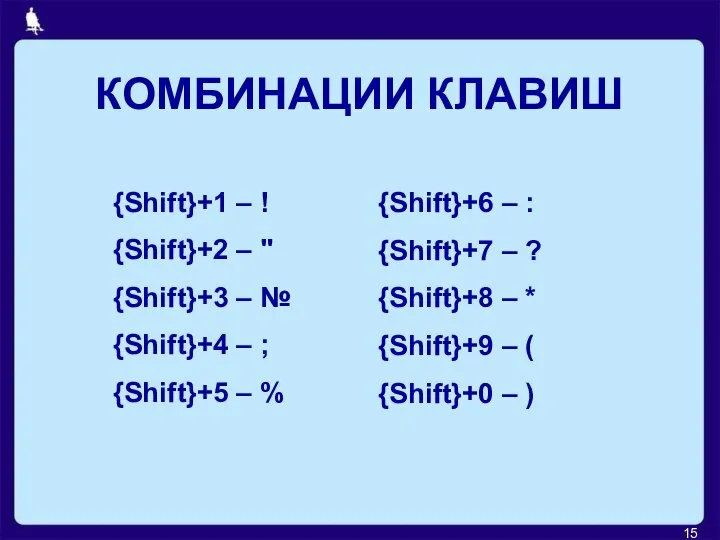 КОМБИНАЦИИ КЛАВИШ {Shift}+1 – ! {Shift}+2 – " {Shift}+3 – №