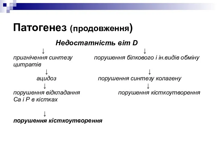 Патогенез (продовження) Недостатність віт D ↓ ↓ пригнічення синтезу порушення білкового