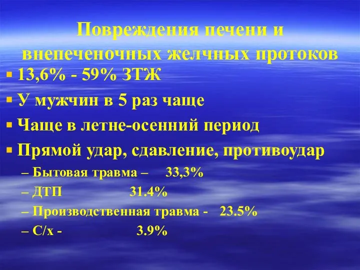 Повреждения печени и внепеченочных желчных протоков 13,6% - 59% ЗТЖ У