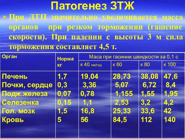 Патогенез ЗТЖ При ДТП значительно увеличивается масса органов при резком торможении