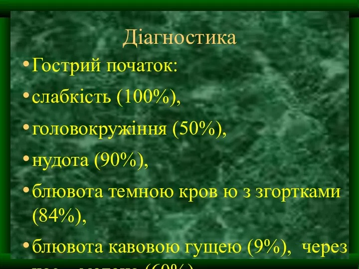 Діагностика Гострий початок: слабкість (100%), головокружіння (50%), нудота (90%), блювота темною