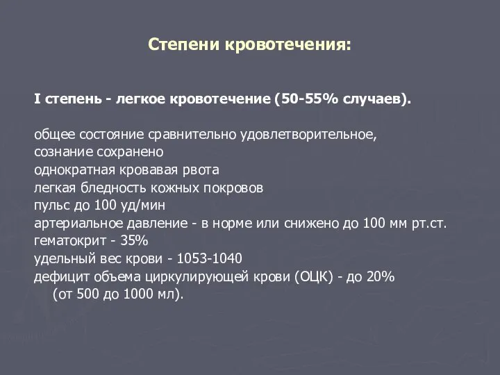 Степени кровотечения: I степень - легкое кровотечение (50-55% случаев). общее состояние