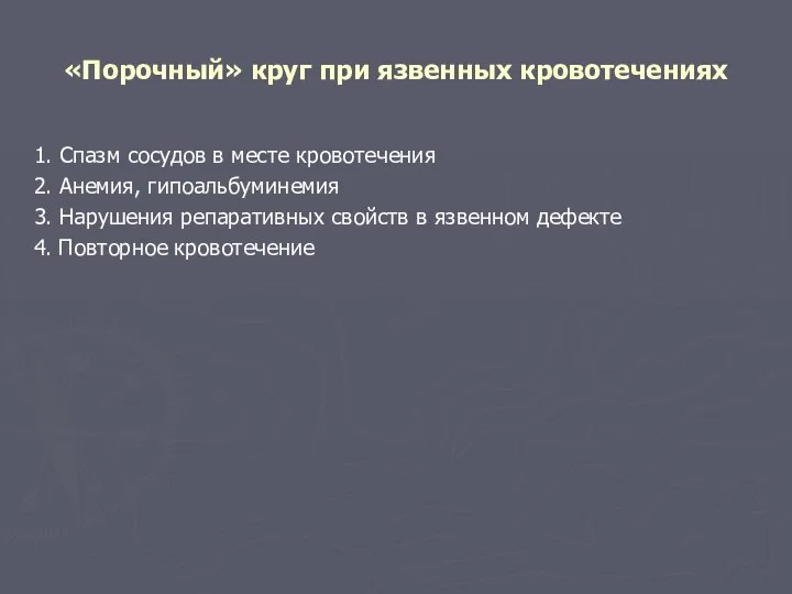 «Порочный» круг при язвенных кровотечениях 1. Спазм сосудов в месте кровотечения