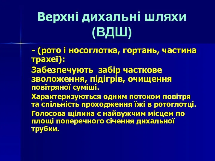 Верхні дихальні шляхи (ВДШ) - (рото і носоглотка, гортань, частина трахеї):