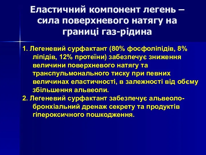 Еластичний компонент легень – сила поверхневого натягу на границі газ-рідина 1.