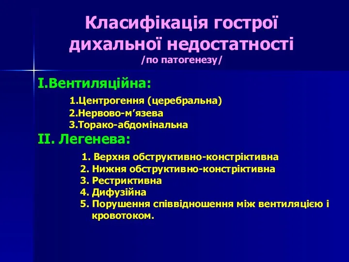 Класифікація гострої дихальної недостатності /по патогенезу/ I.Вентиляційна: 1.Центрогення (церебральна) 2.Нервово-м’язева 3.Торако-абдомінальна