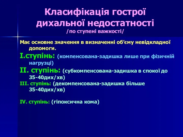 Класифікація гострої дихальної недостатності /по ступені важкості/ Має основне значення в