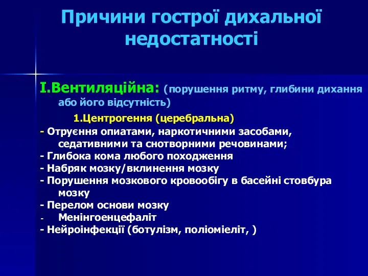 Причини гострої дихальної недостатності I.Вентиляційна: (порушення ритму, глибини дихання або його