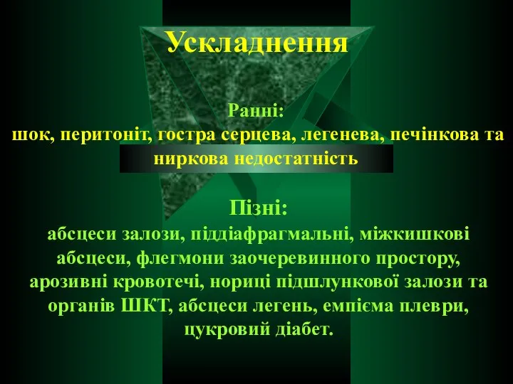 Пізні: абсцеси залози, піддіафрагмальні, міжкишкові абсцеси, флегмони заочеревинного простору, арозивні кровотечі,