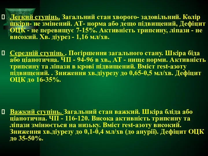 Легкий ступінь. Загальний стан хворого- задовільний. Колір шкіри- не змінений. АТ-