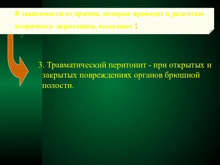 В зависимости от причин, которые приводят к развитию вторичного перитонита, выделяют