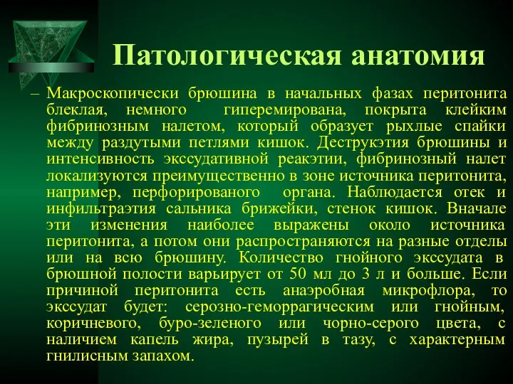 Патологическая анатомия Макроскопически брюшина в начальных фазах перитонита блеклая, немного гиперемирована,