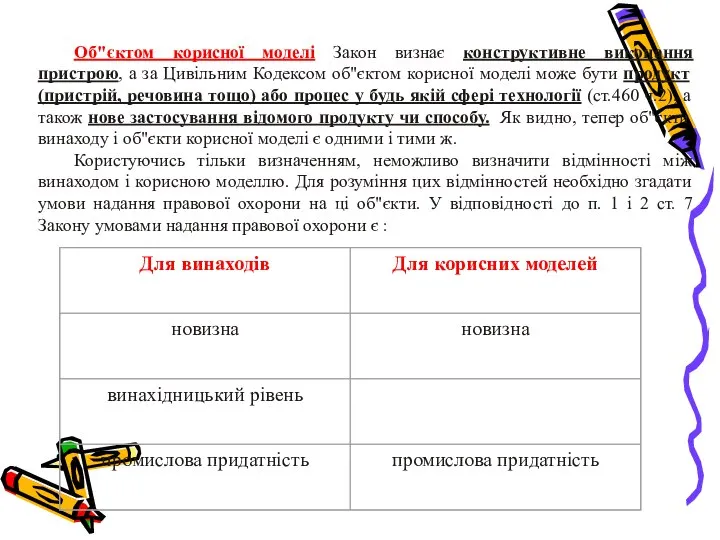 Об"єктом корисної моделі Закон визнає конструктивне виконання пристрою, а за Цивільним