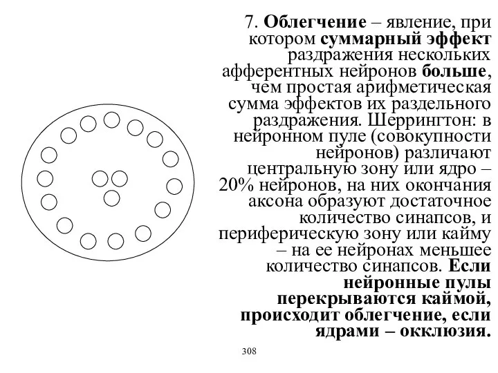 7. Облегчение – явление, при котором суммарный эффект раздражения нескольких афферентных